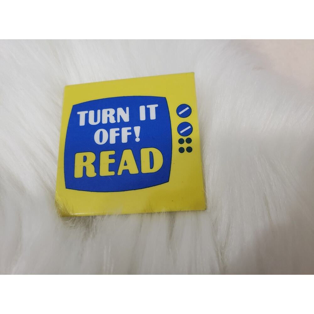 1988‎ Vintage Pin Back Button Square TURN IT OFF! READ TV Television Dayglo 2"